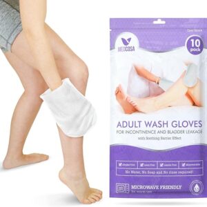Medcosa Adult Washgloves for Incontinence - Unique Disposable Body Wipes Shaped Like a Glove. Unscented, Premoistened Wet Wipes, with Barrier Cream - 1 Pack (10 Gloves) 10 Count (Pack of 1)