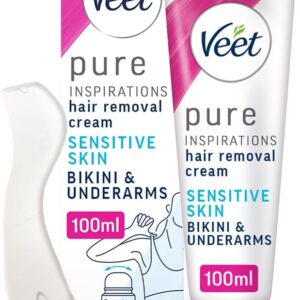 Veet Pure Hair Removal Cream, Bikini & Underarm, Sensitive Skin, 100ml each, BodyCurv Domed Applicator, Long Lasting Smoothness, Hydrates & Exfoliates Skin, Pleasant Fragrance (Packaging may vary)