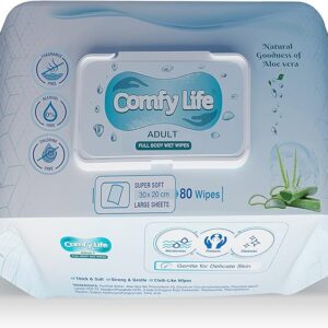 Comfy Life Premium Full Body Cleansing Wet Wipes for Adults - Large Luxury Fresh-Feel Rinse-Free Fragrance-Free Bed Bath Intimate-Care Soft Sheets (1 Pack (80 Wipes)