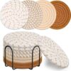 Drink Coasters with Holder, 4 Colors Absorbent Coasters for Drinks, 8 PCS Cup Cotton Woven Set for Coffee Table Home Decor Tabletop Protection